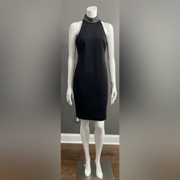 Calvin Klein Rhinestone Beaded Collar Black Halter Dress Size 4 - Picture 1 of 10